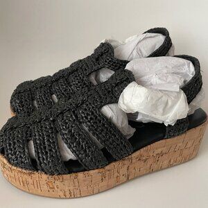 NIB Silent D Fisherman Cork-Bottom Platform Flats in Black Raffia EUR 36